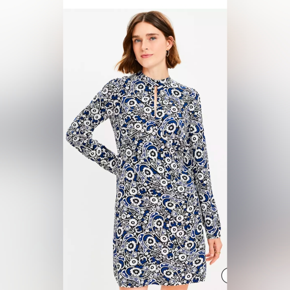 NWT LOFT Black, Blue & White Sheath Dress with Keyhole